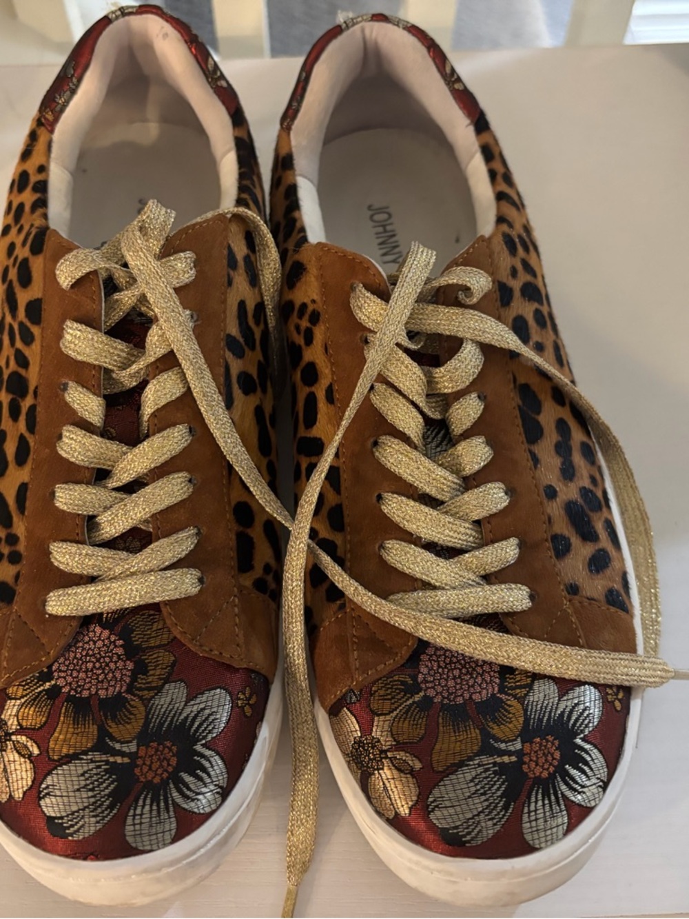 Johnny Was Leopard Suede Sneakers with Floral Toe and Gold Laces